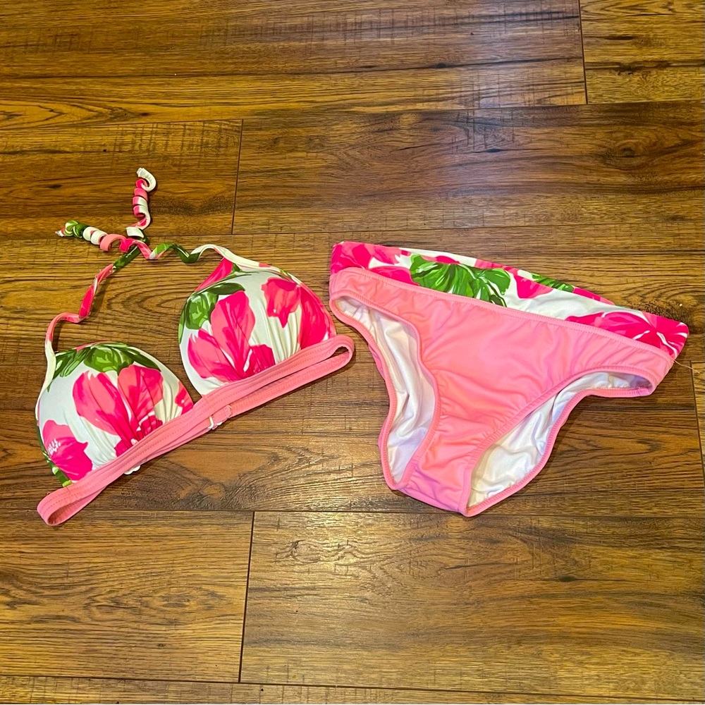 vtg 90s y2k tropical floral print two piece bikini set